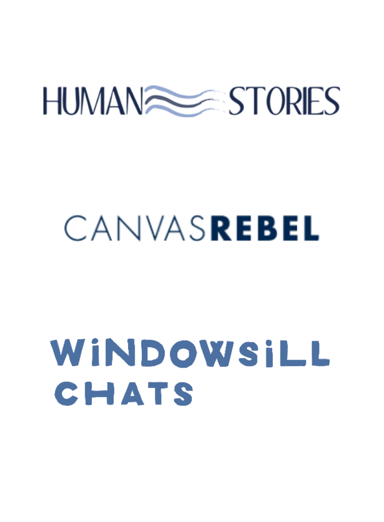 A white square graphic featuring three stacked brand names in dark and medium blue text: HUMAN STORIES, CANVAS REBEL, and WINDOWSILL CHATS.
