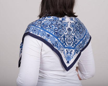Woman wearing the Blue and White Cretan Mermaid scarf by Ariadne Kritonos