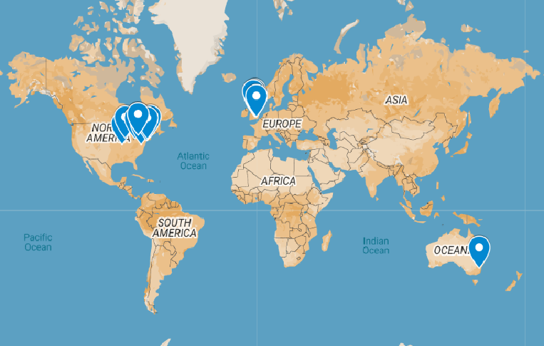 World map with markers on North America, Europe, South America, and Oceania showing the Museums, archives and libraries around the world that have Greek folk embroidery in their collections.